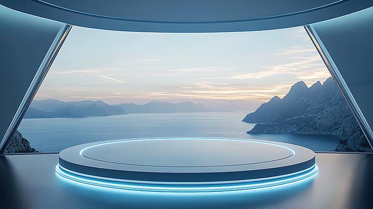 ai数字艺术科技风海边的室内现代建筑空间产品展台图片素材